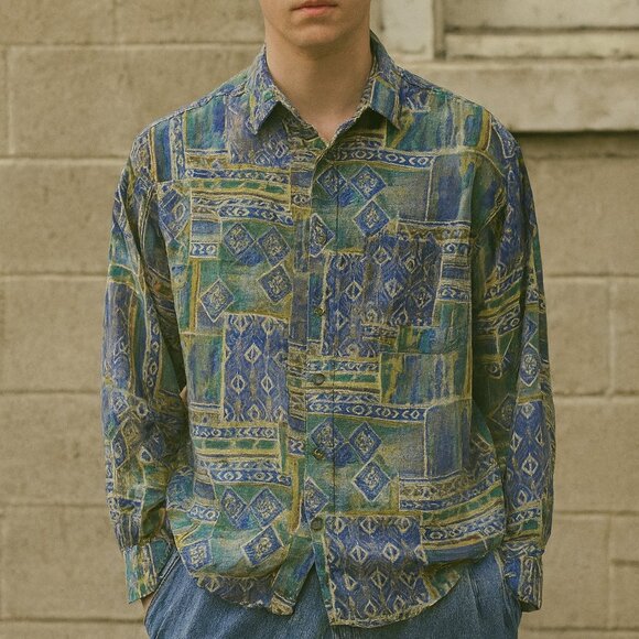 Vintage Robert Stock 100% Silk Button-Up Shirt Abstract Blue Green Print XL 90s - Picture 1 of 6